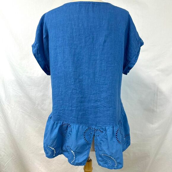 TERZO MILLENNIO Italian Linen Blue Short Sleeve Blouse Embroidered Ruffle Hem L - Picture 5 of 7